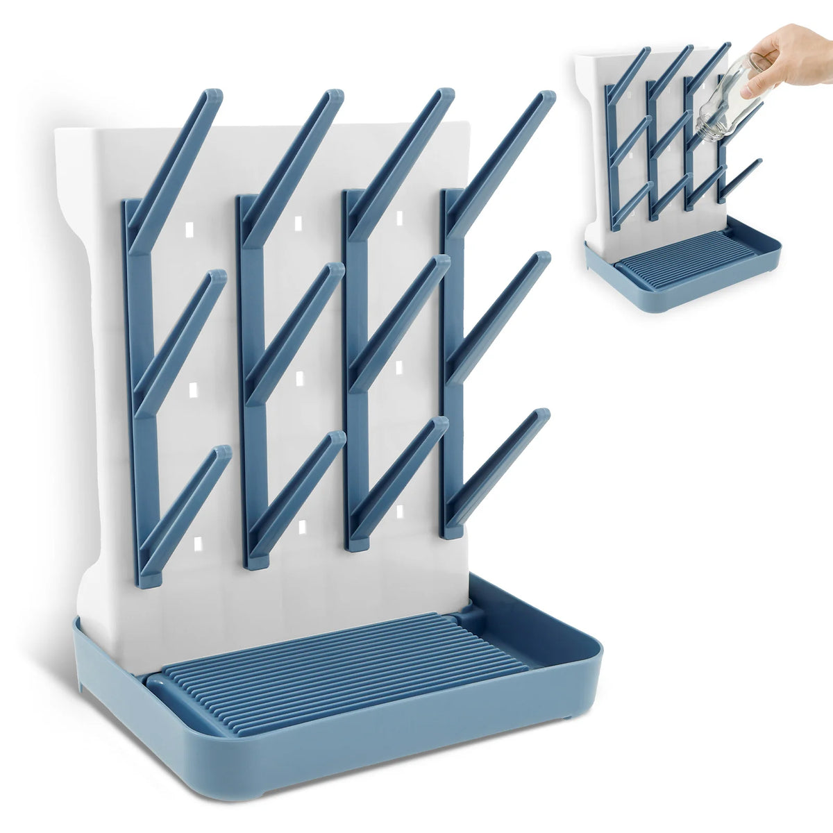Angled-Holder Baby Bottle Drying Rack with Top Accessory Storage and Detachable Drain Tray, ABS and PP Countertop Feeding Organizer