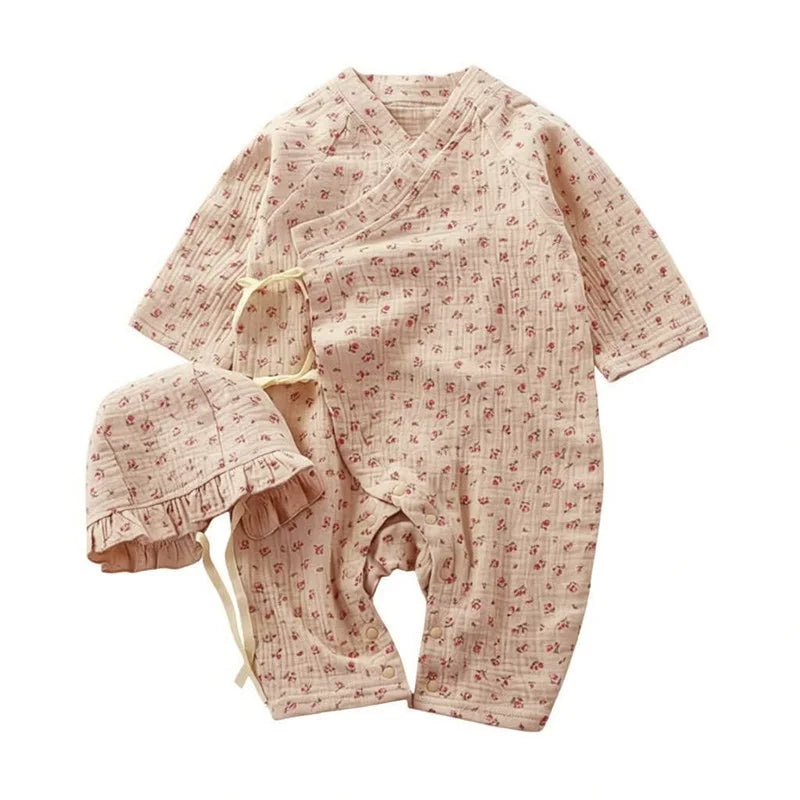 Muslin Cotton Baby Kimono Romper with Side Ties and Leg Snaps, Long Sleeve Printed Footless Jumpsuit for Boys and Girls, 0-24 Months
