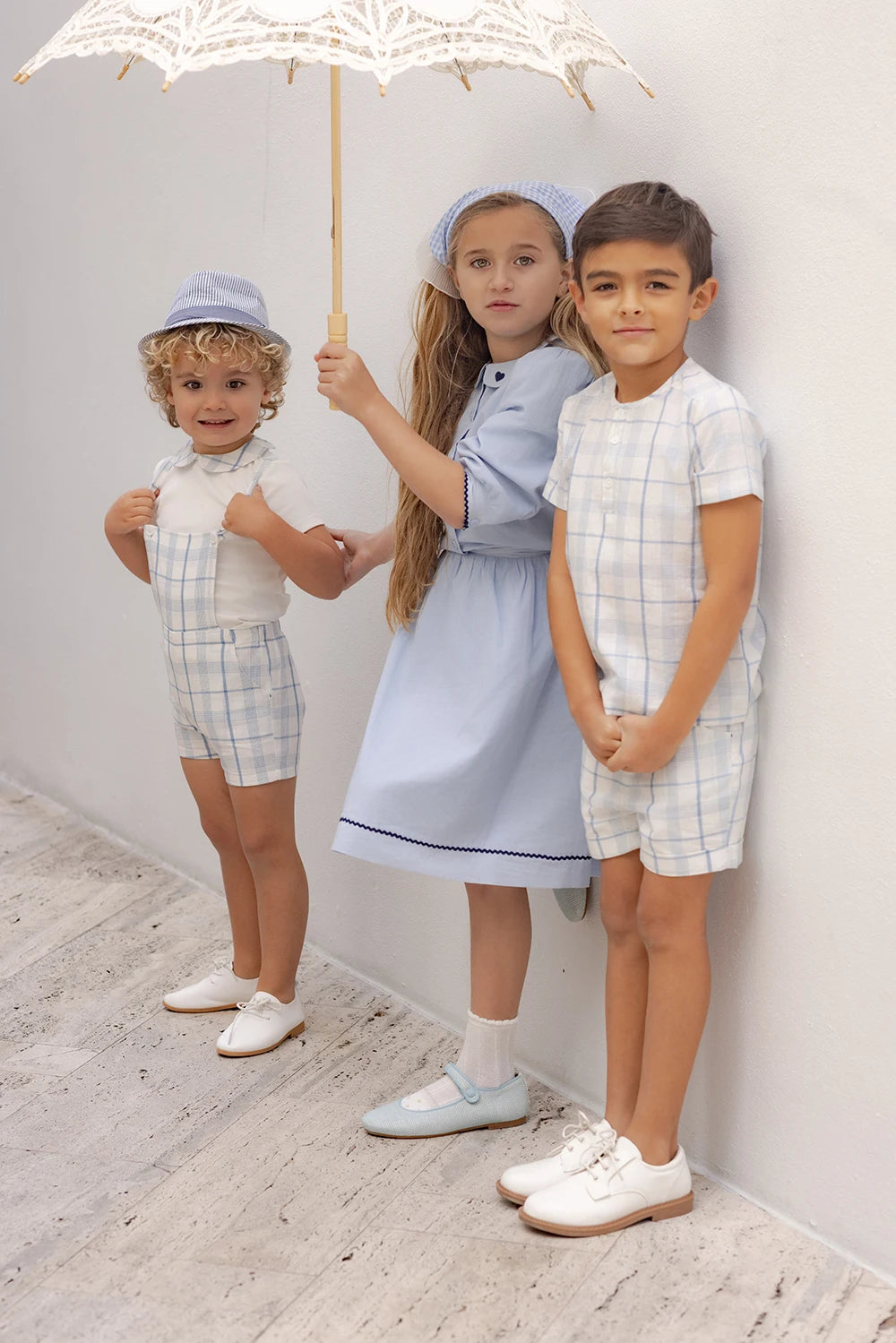 Light Blue Sibling Matching Outfits with Cotton Girls Collared Dresses, Baby Rompers and Boys Plaid Sets, Lyocell Knit Tops and White Separates