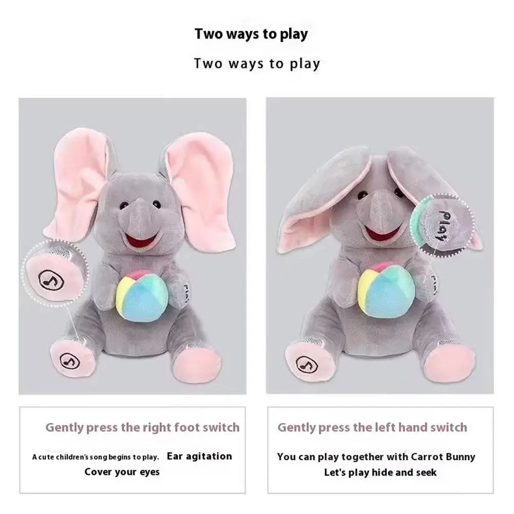 Peekaboo Singing Elephant Plush Toy, 25 cm Gray Interactive Musical Stuffed Animal with Moving Ears for Supervised Toddler Play Over 12 Months