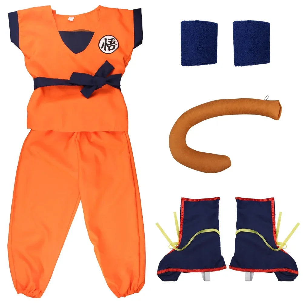 Orange Anime Gi Costume for Kids and Adults, Goku-Inspired Polyester Top and Pants with 5, 6 or 7-Piece Accessory Options for Halloween and Cosplay