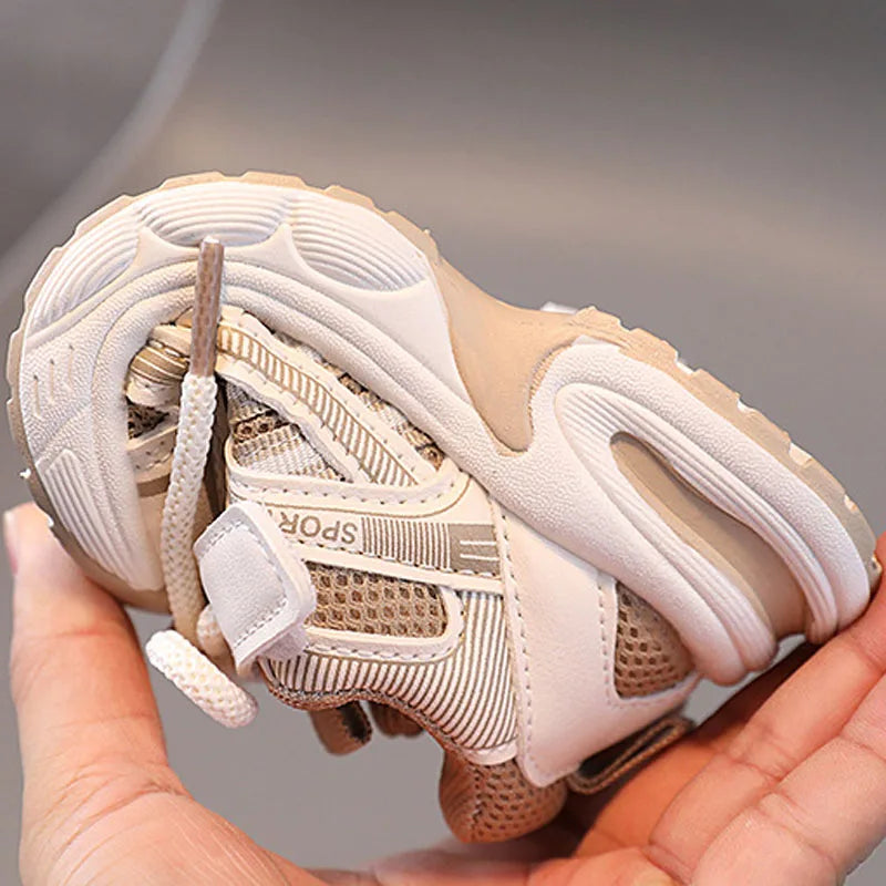 Children Mesh Sports Sneakers with Layered Panels, Lace and Strap Styling for Boys and Girls, Casual Spring and Fall Shoes in Red, Khaki or Black