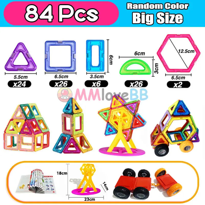 Magnetic Building Blocks for Kids, Large Colorful Geometric Construction Set with 84, 119 or 168 Pieces for Creative STEM Play