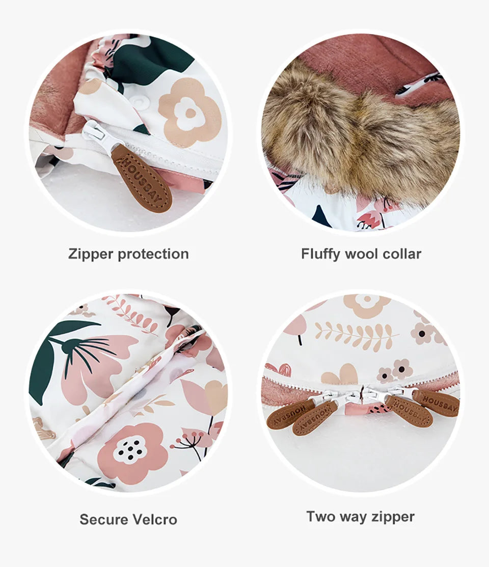 Baby Stroller Winter Footmuff with Two-Way Zipper, Removable Fur-Style Collar and Front Buttons, Pram Sack in Floral, Bear and Solid Styles