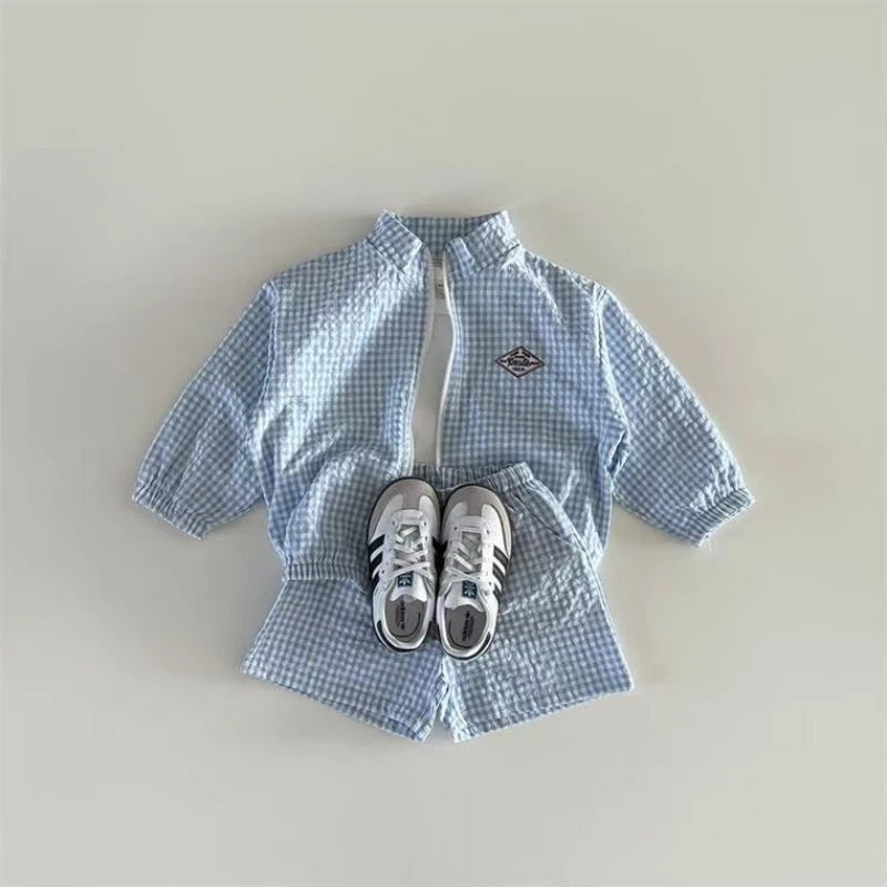 Kids Plaid Jacket and Shorts Set with Stand Collar and Front Zipper, Blue Black or Khaki Two-Piece Summer Outfit for Babies and Toddlers
