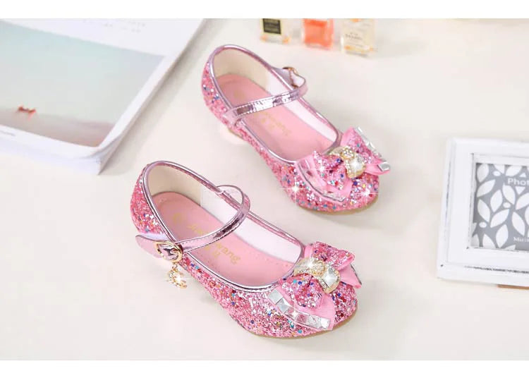 Bow-Accent Glitter Mary Jane Shoes for Girls with Buckled Strap and Block Heel, Sparkling Princess Dress Shoes for Parties and Weddings