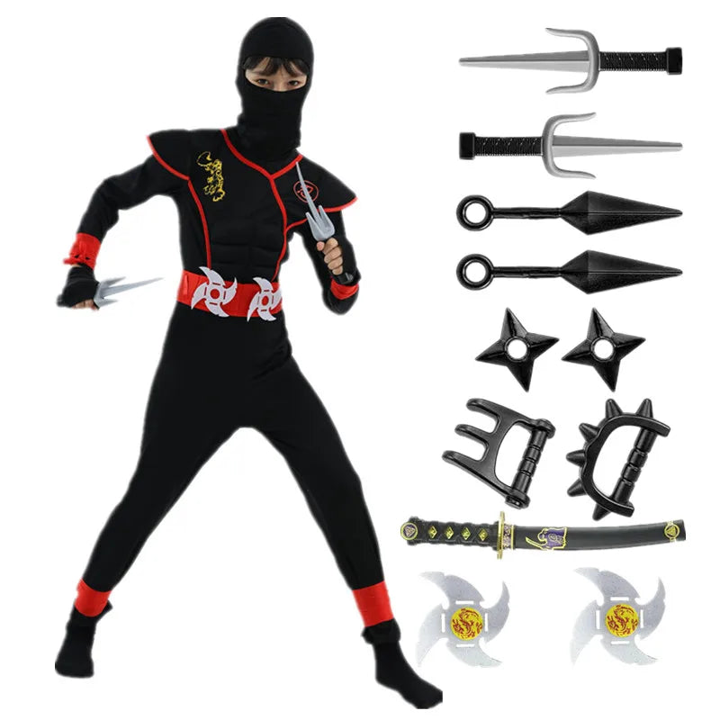Samurai Ninja Costume for Kids with Hooded Warrior Styling and Toy Accessory Options for Halloween Parties, Cosplay and School Performances