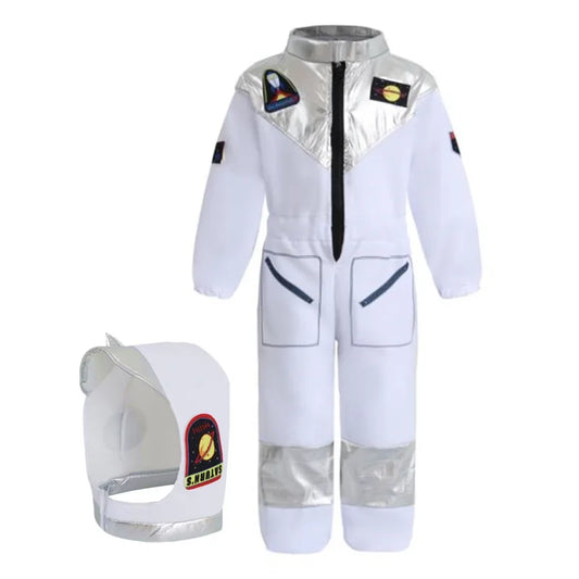 Astronaut Costume for Kids with White Space Suit Jumpsuit, Silver Trim and Hat, Optional Gloves for Halloween and Space-Themed Dress-Up