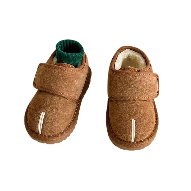Hook-and-Loop Toddler Winter Ankle Boots with Faux Suede Upper and Plush Lining, Brown Apricot or Black Short Shoes for Boys and Girls in Sizes 21–30