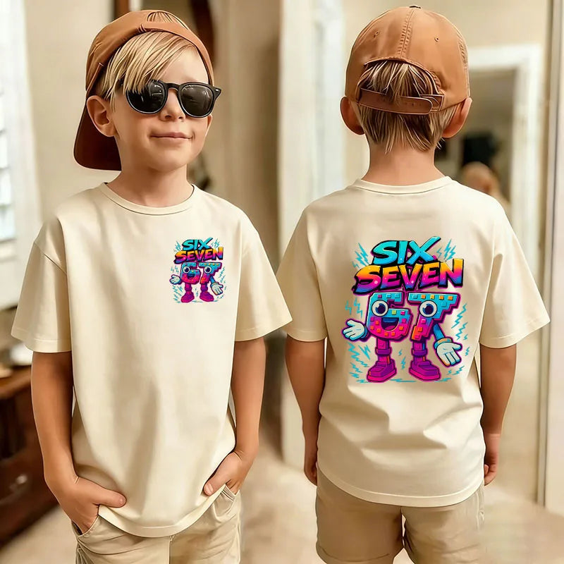 Six Seven Kids T-Shirt with Funny 67 Number Graphic, Short Sleeve Summer Top for Boys and Girls, Casual Playdate Outfits and Birthday Fan Gifts