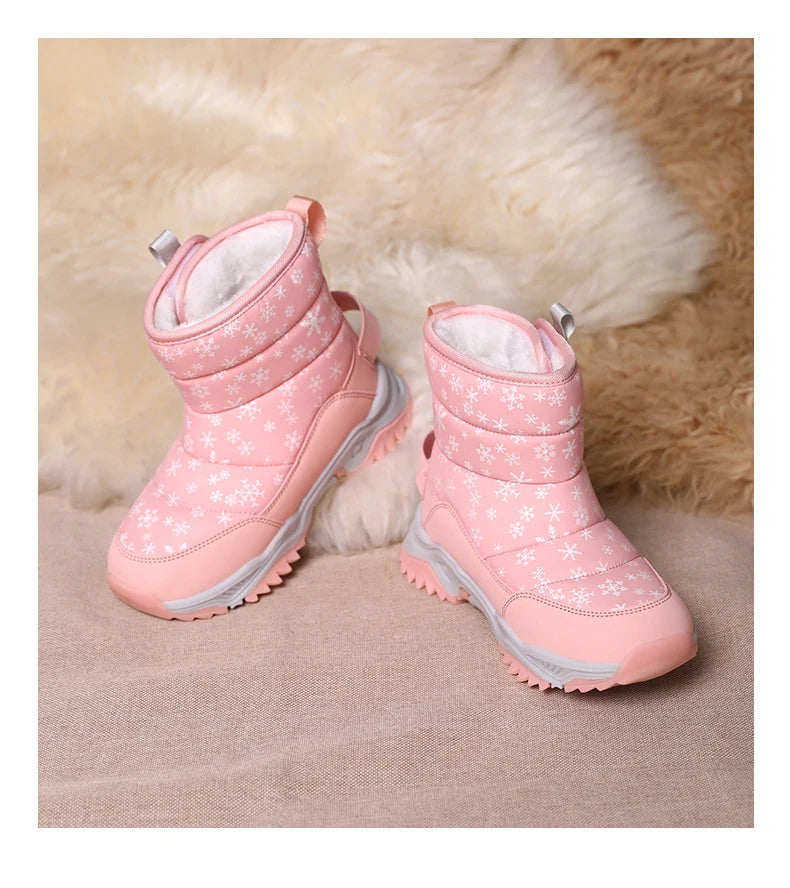 Snowflake Print Kids Winter Boots with Padded Shafts, Pull Tabs and Chunky Tread Soles, Pink Snow-Style Footwear for Boys and Girls