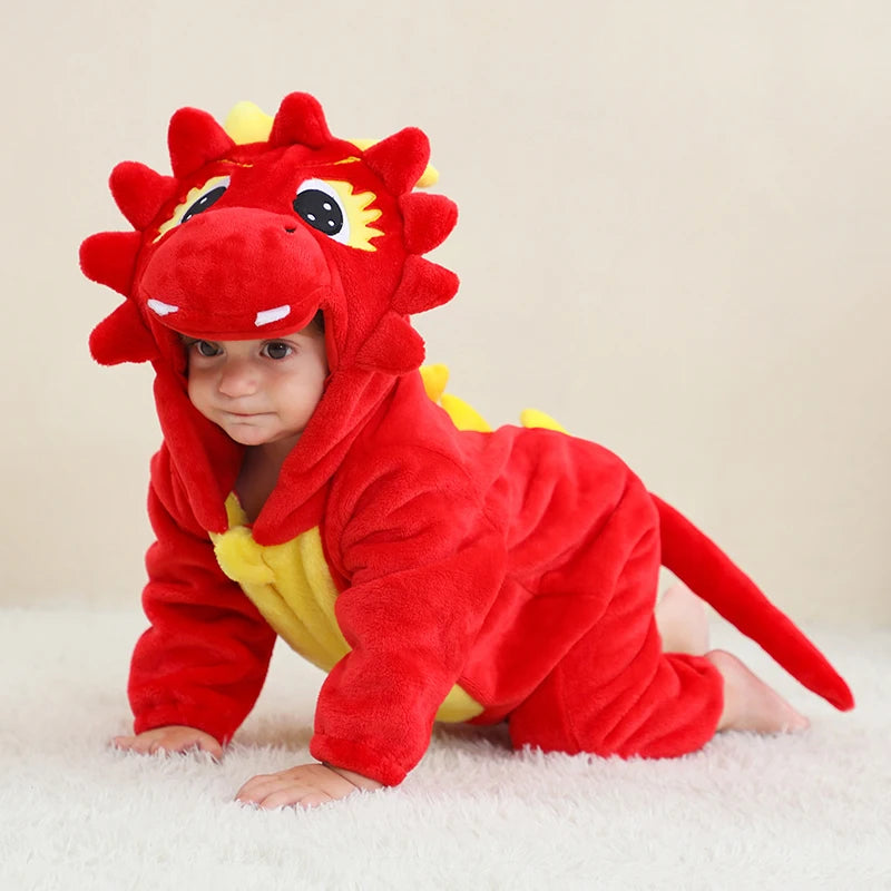 Animal Kigurumi Costume for Babies and Toddlers, Hooded Flannel Jumpsuit with Long Sleeves for Halloween Dress-Up and Family Photos