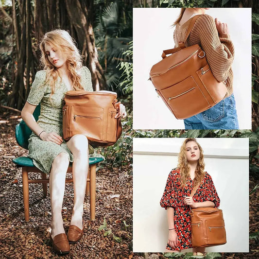 Convertible Diaper Backpack in PU Leather with Changing Pad, 11 Storage Pockets, Insulated Bottle Pockets and Shoulder Straps for Parents