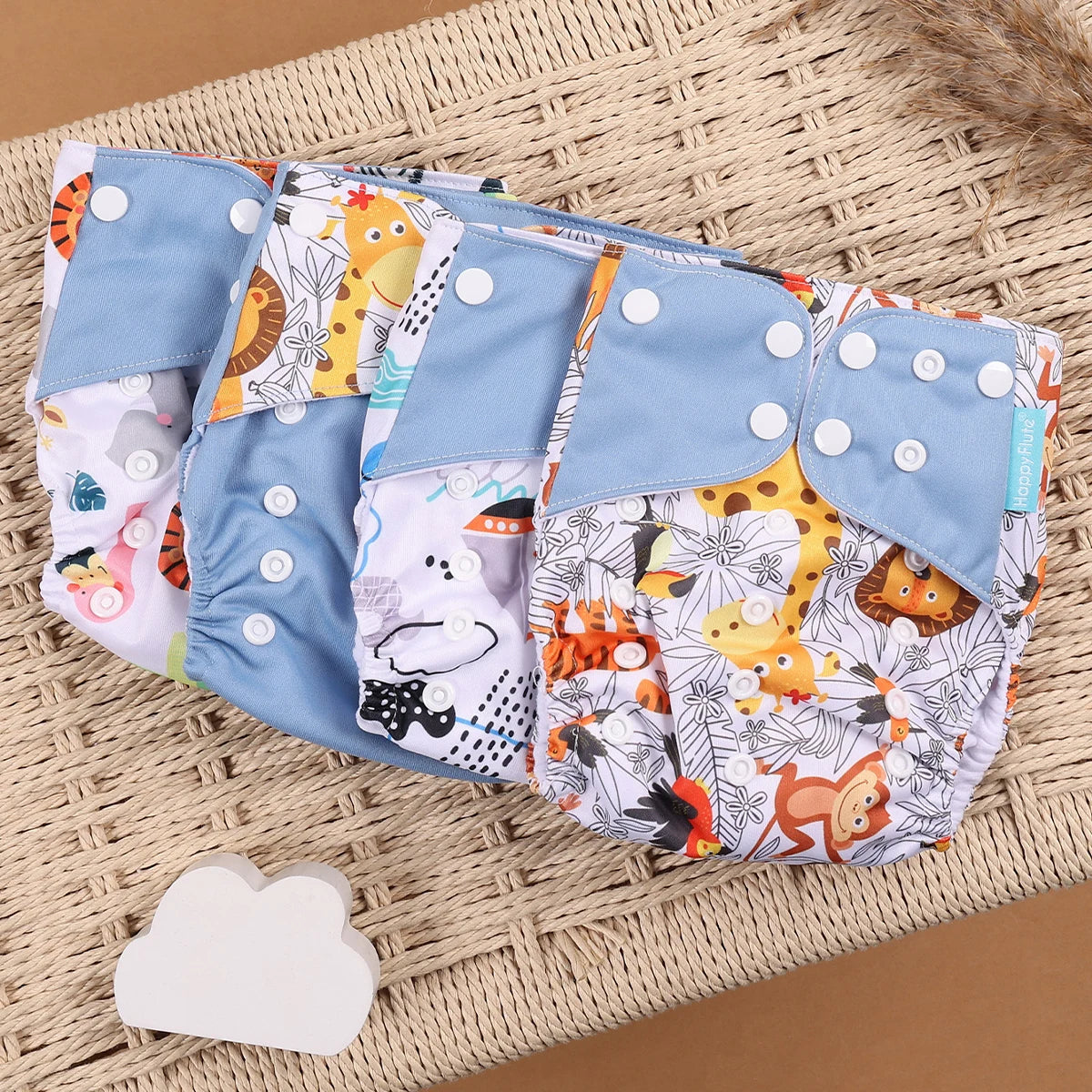 Pocket Cloth Diapers 4-Pack by Happyflute, Reusable Baby Nappies with Printed PUL Outer, Suede Cloth Lining and Snap Closures for 3–15 kg