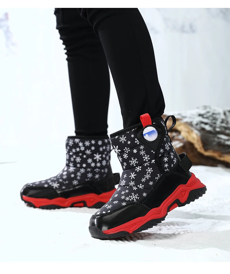 Snowflake Print Kids Winter Boots with Padded Shafts, Pull Tabs and Chunky Tread Soles, Pink Snow-Style Footwear for Boys and Girls