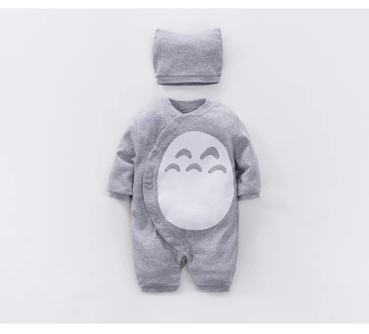 Gray Baby Romper and Hat Set with Cotton Long Sleeve Jumpsuit, Curved Snap Front and White Belly Graphic for Spring and Fall, 0-12M