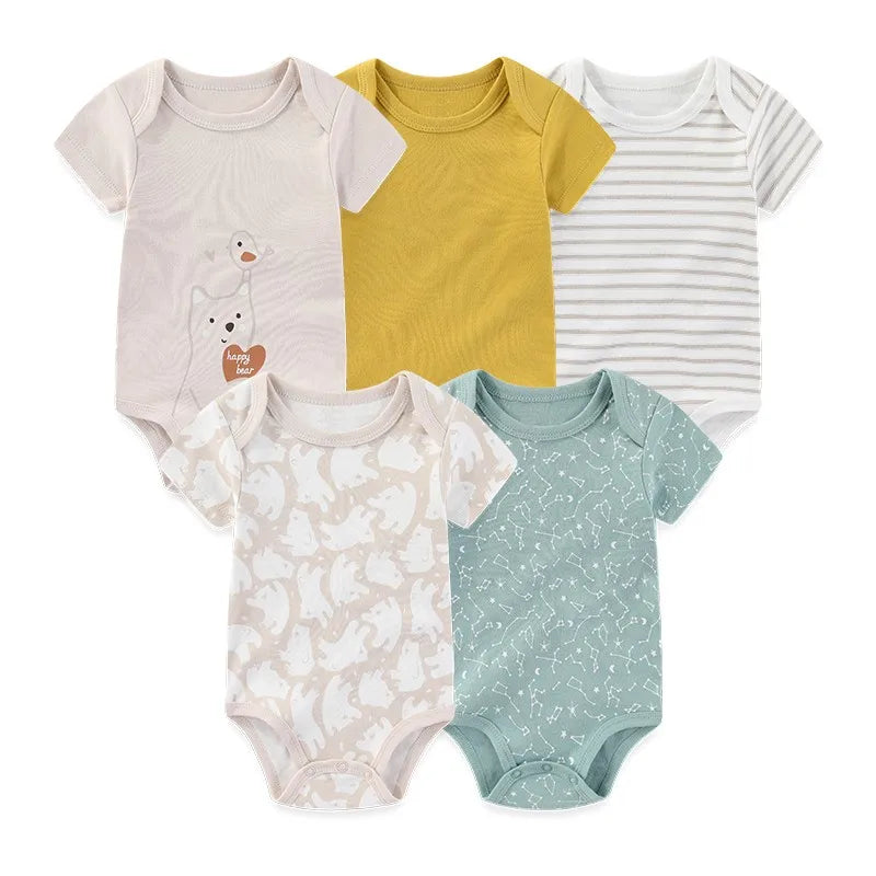 Baby Bodysuit Multipack in Cotton, 4- or 5-Piece Short Sleeve Infant Clothing with Printed and Solid Designs for Boys and Girls, Sizes 3M-12M
