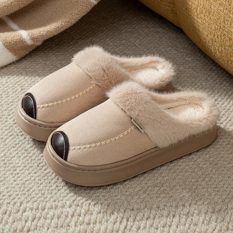 Plush Lined House Slippers with Thick Soles and Decorative Stitching, Cozy Slip-On Indoor Home Shoes in Brown, Beige or Black, Sizes 36-45