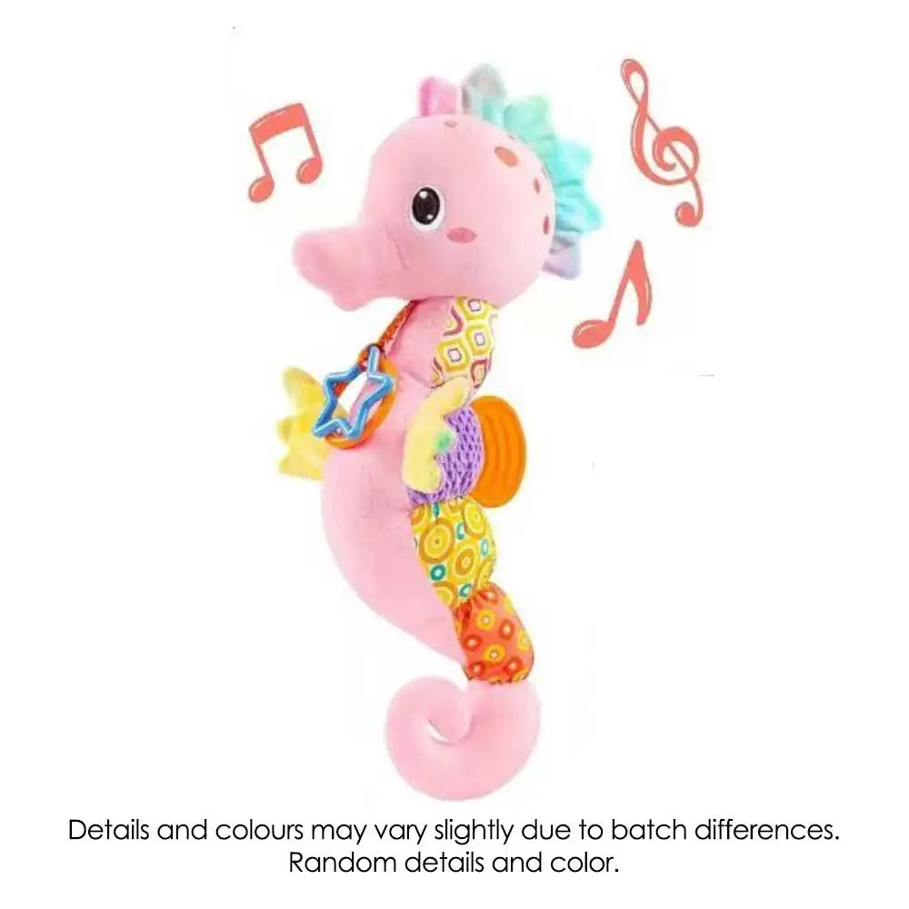 Plush Seahorse Baby Rattle with Crinkle Sounds, Colorful Patterned Panels and Soft Animal Design for Supervised Sensory Play and Baby Shower Gifts