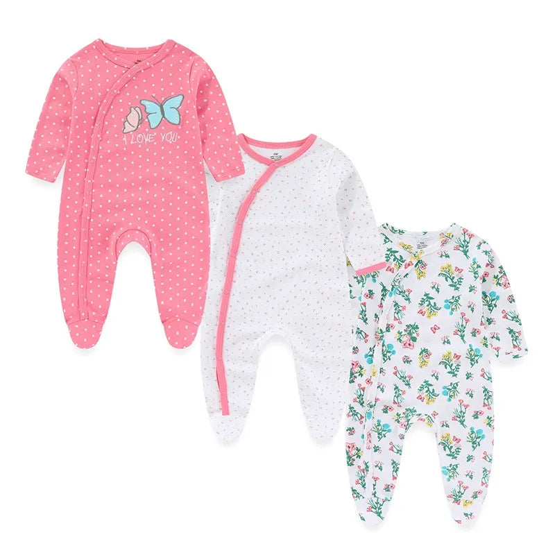 Baby Footed Jumpsuits 3-Pack, 100% Cotton Long Sleeve Cartoon Rompers for Newborn Boys and Girls, Fall and Winter Everyday Outfits