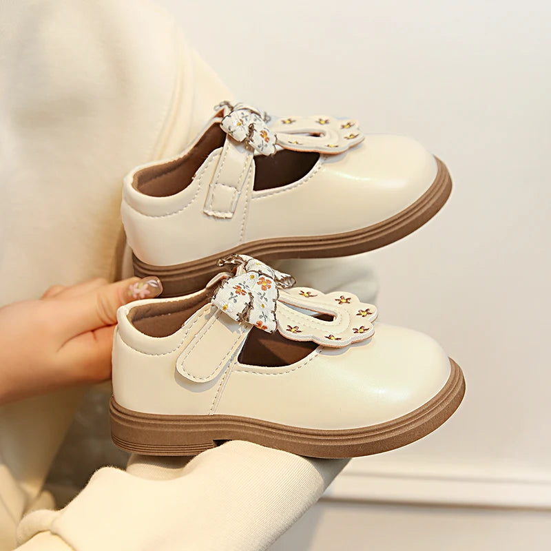Girls Floral Bow T-Strap Shoes with Scalloped Flower Details and Round Toe, Black or Beige Dress Flats for School Outfits, Parties and Photos