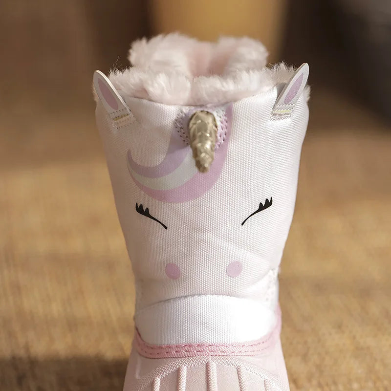 Kids Unicorn Winter Boots with Plush Trim, Gold-Tone Horn and Ear Details, Pink and White Fantasy-Themed Cold-Weather Footwear for Girls
