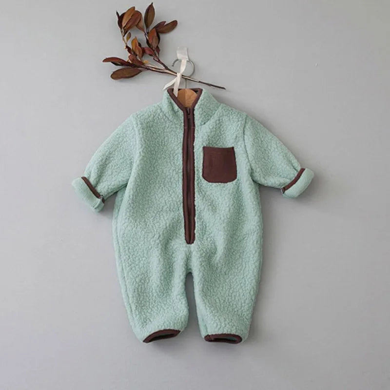 Zip Front Baby Fleece Romper by MILANCEL with Contrast Chest Pocket, Long Sleeve Footless One-Piece Outerwear in Brown, Beige and Green, 3-24M