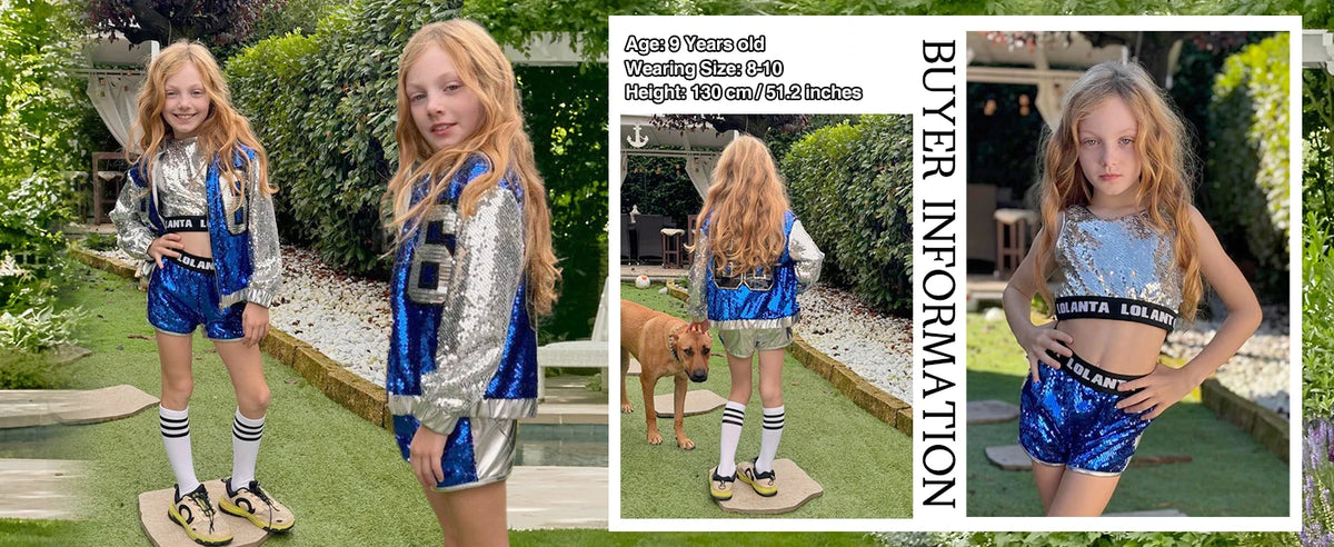 Girls Sequin Hip Hop Dance Costume Set with Metallic Trim Jacket, Crop Top, Shorts and Striped Socks for Jazz Recitals and Stage Performances