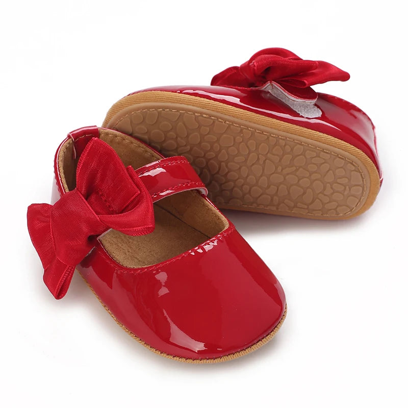 Baby Girl Mary Jane Shoes with Bow Detail and Glossy Finish, Round-Toe Infant Dress Flats for Spring Outfits, Parties and Photos, 0-18 Months