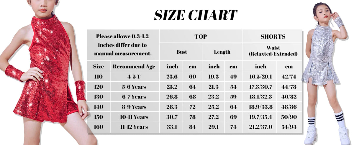 Girls Sequin Jazz Dance Costume with Sleeveless A-Line Dress, Shorts, Socks and Wristbands, Sparkly Hip Hop Stage Outfit for Ages 4-12