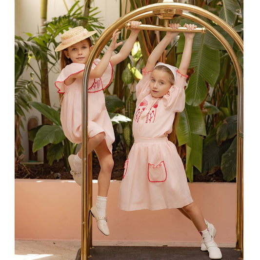 Pink Linen Cotton Kids Outfits with Floral Embroidery, Girls Flutter-Sleeve Dress, Baby Romper and Coordinating Clothing Options for Family Photos
