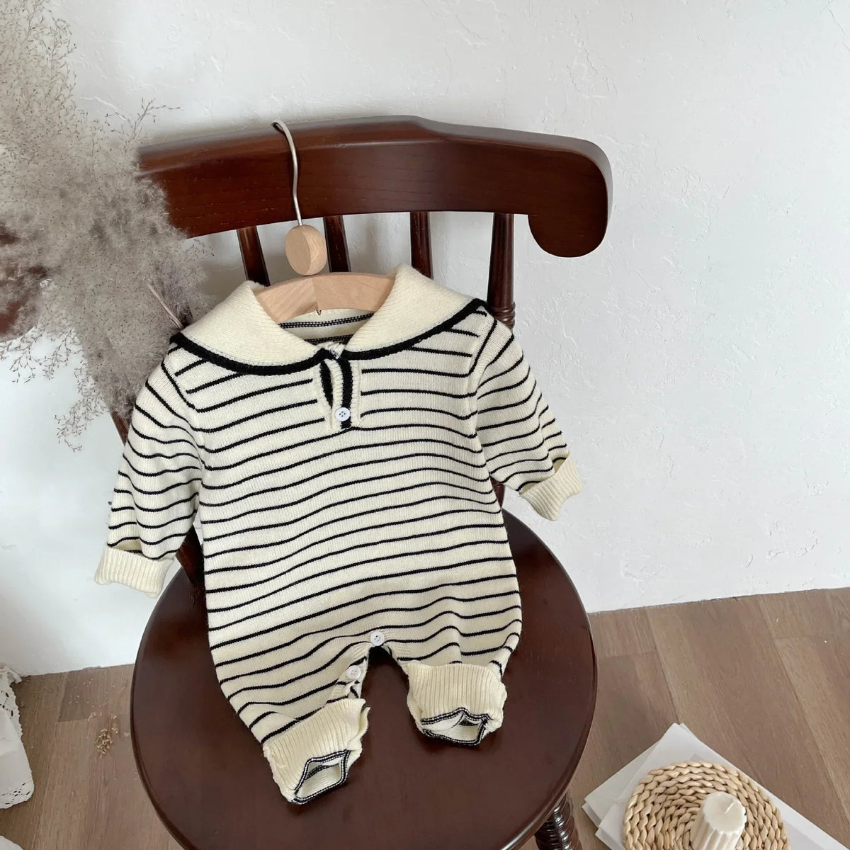 Sailor Collar Baby Knit Romper with Long Sleeves and Button Fastenings, Footless One-Piece Outfit in Gray, Stripe or Dark Blue, Sizes 66-100