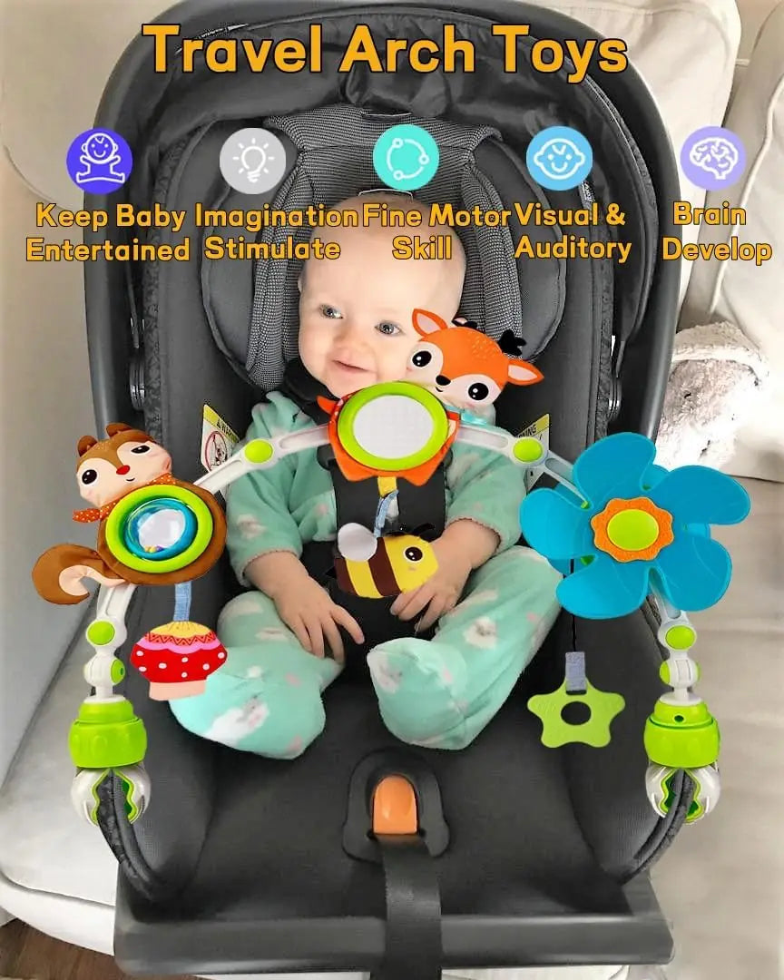 Adjustable Baby Activity Arch with Clamp-On Animal Toys, Colorful Stroller Play Bar for Supervised Sensory Exploration and Baby Shower Gifts