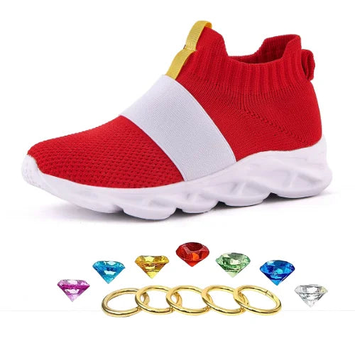 Sonic-Inspired Red Slip-On Shoes with White Band Detail and White Soles, Game-Themed Casual Footwear with Ring and Gem Options for Kids