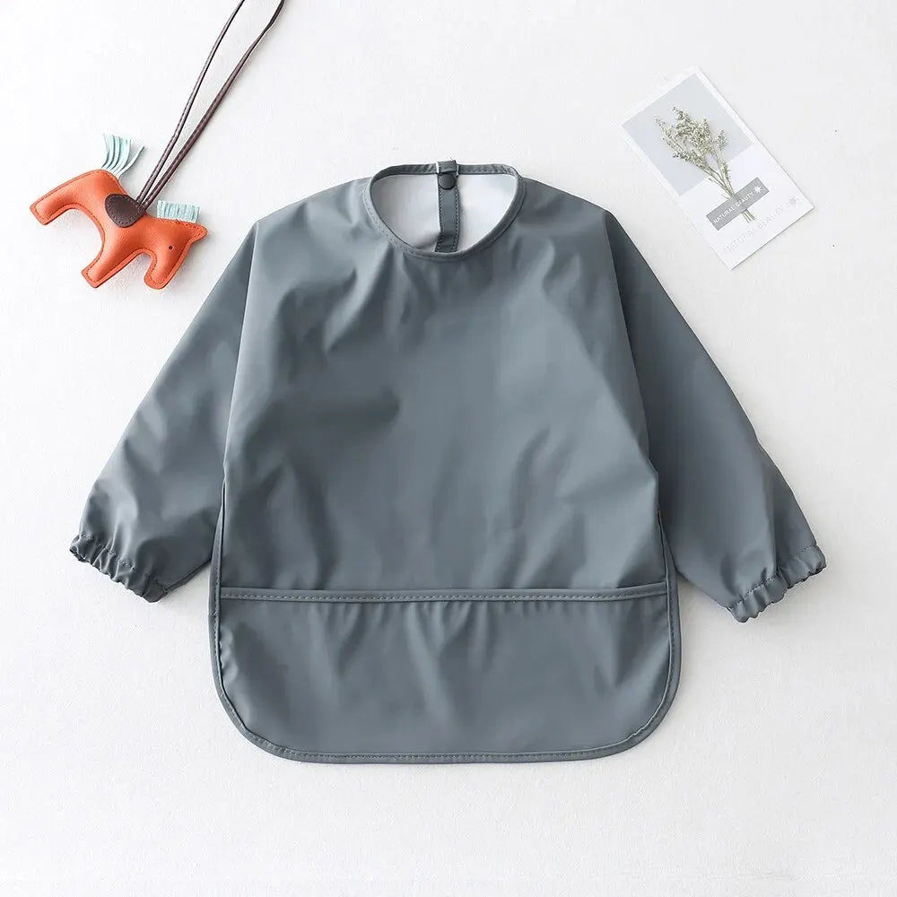 Long Sleeve Feeding Bib for Babies and Toddlers, Solid Color Polyester Mealtime Apron with Front Pocket for Snacks and Messy Art Play