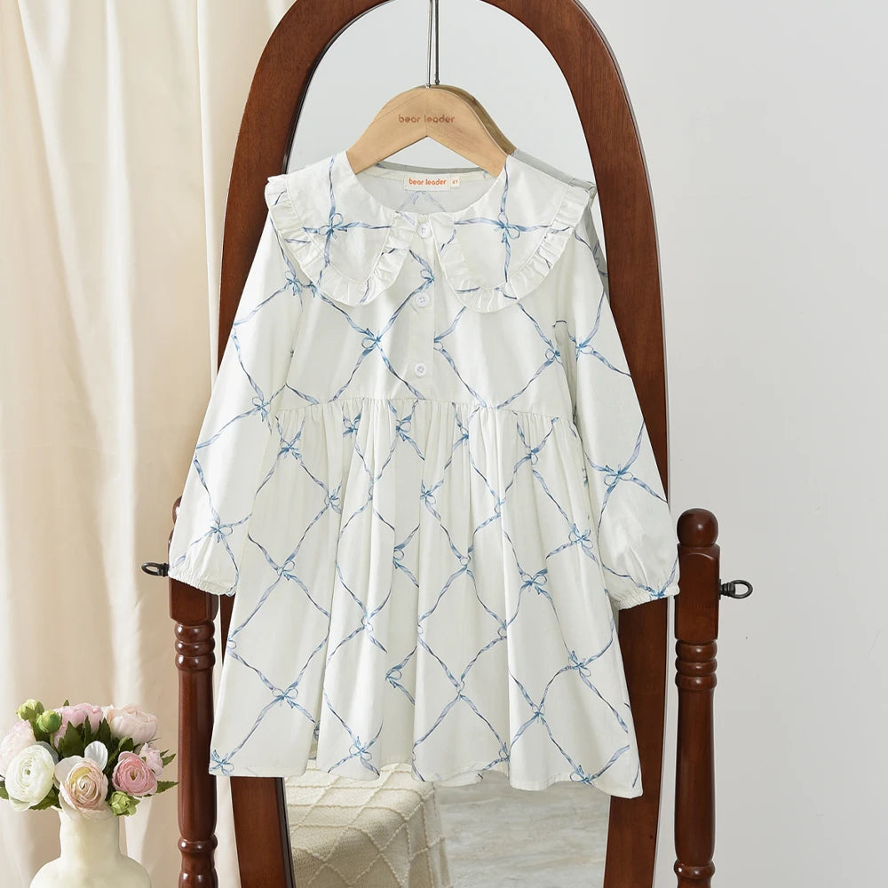Toddler Girls Floral Dress with Oversized Collar and Long Sleeves, Bear Leader Outfit in Sizes 2T–6T for Spring, Fall and Family Photos