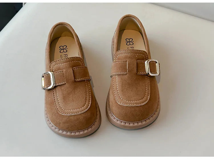 Girls Buckle Loafers with Rounded Toe and Stitched Detail, Brown or Khaki Casual Flats for School Outfits, Spring and Fall Days