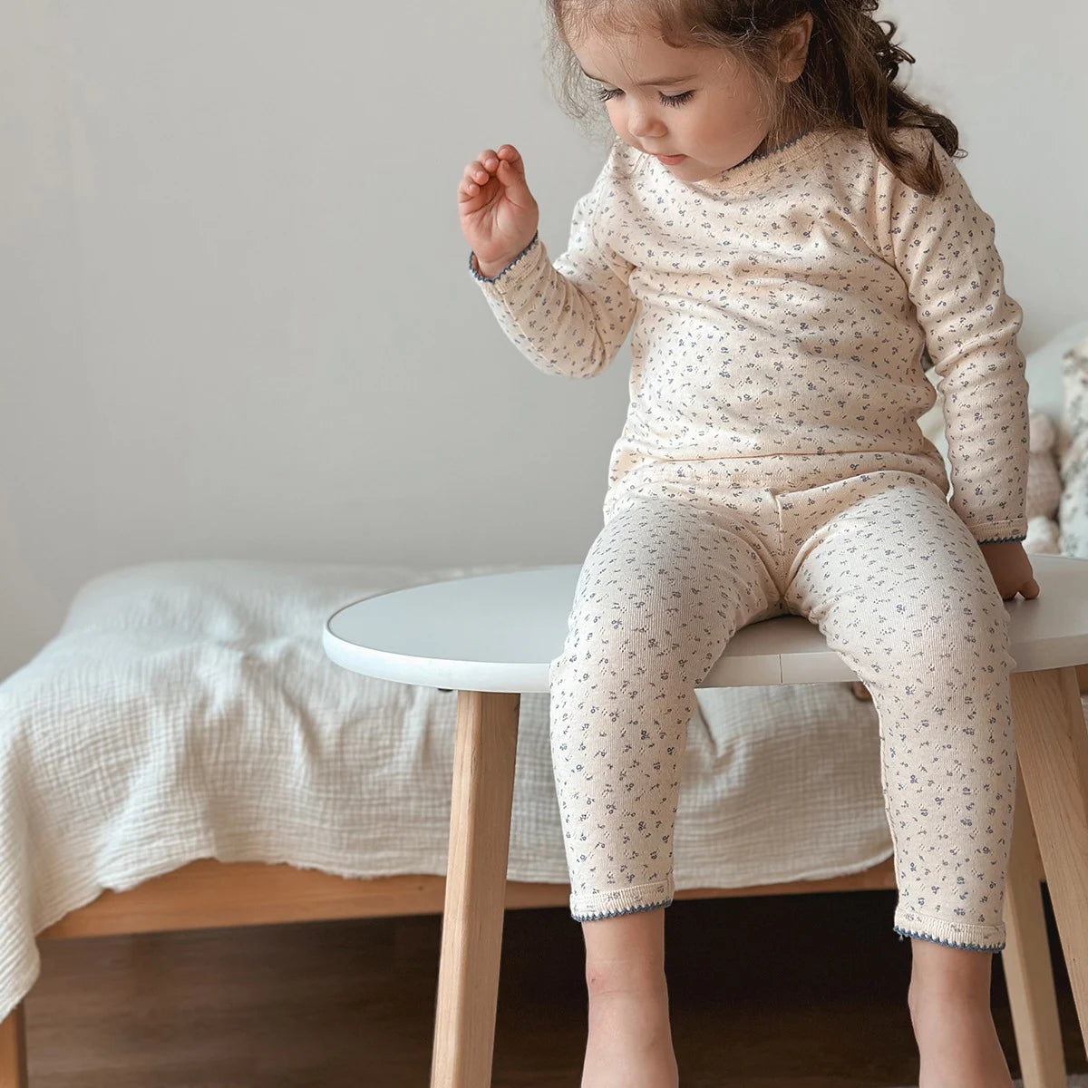 Cherry Print Girls Cotton Pajama Set, Cream Long Sleeve Top and Matching Pants with Red Picot Trim, Two-Piece Toddler Homewear, 1-6T