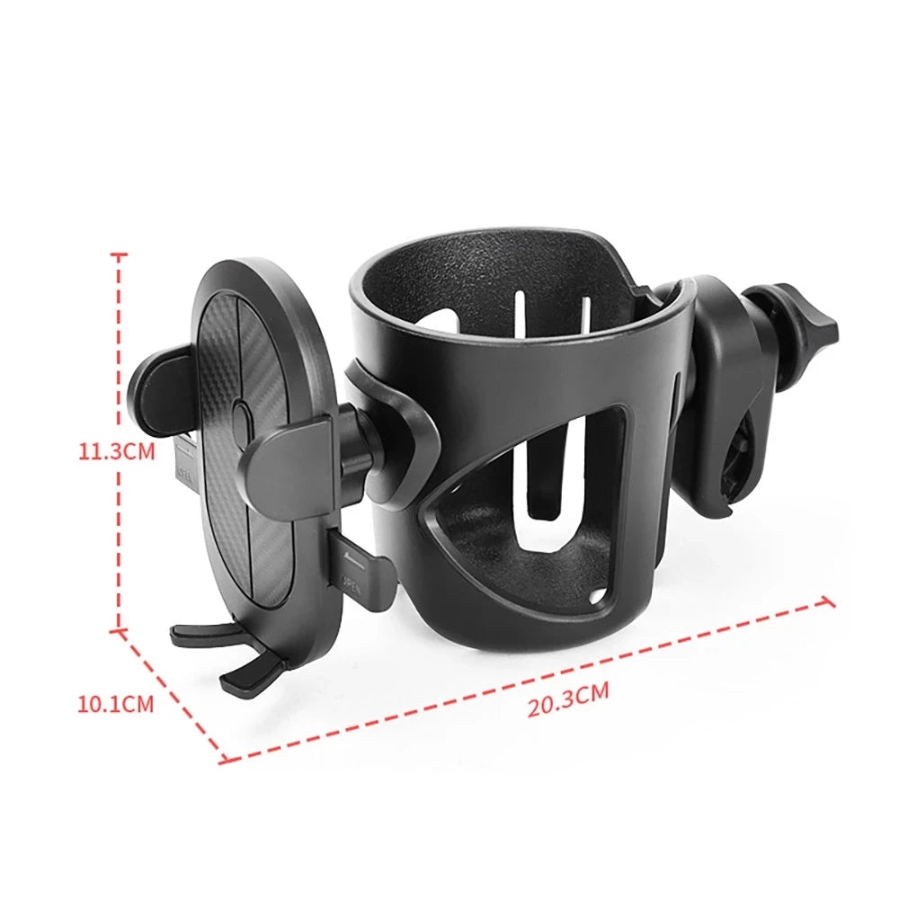 Stroller Bottle and Cup Holder with Clamp Mount and Optional Phone Slot, Single-Cup or Combination Storage Accessory for Walks and Family Outings