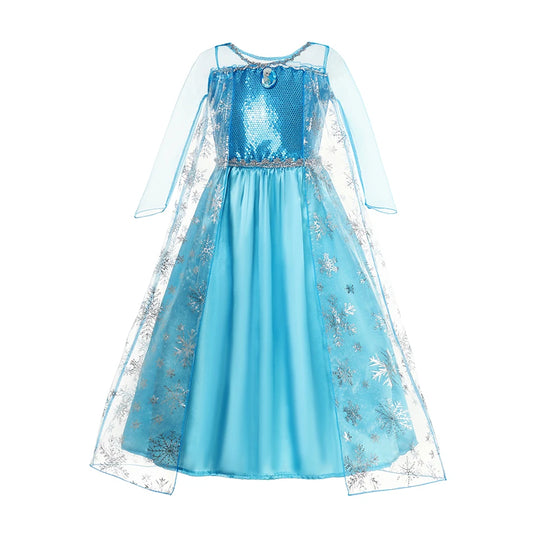 Light Blue Princess Dress for Girls with Long Sleeves and Sequin Bodice, Elsa-Inspired Snowflake Costume for Birthdays, Halloween and Dress-Up