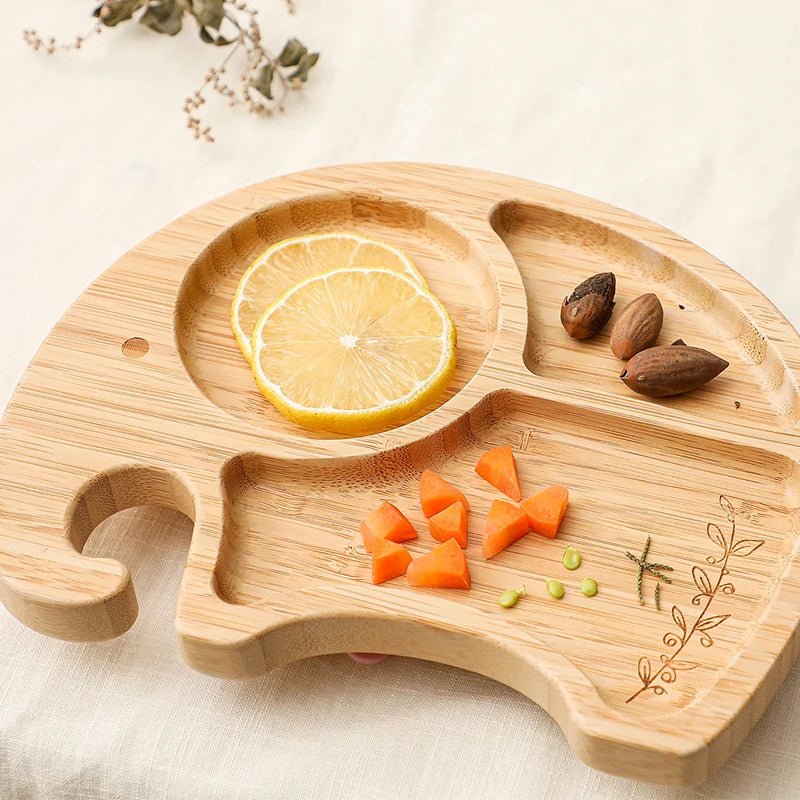 Baby Bamboo Suction Plate Set with Wooden-Handle Spoon and Fork, 3-Piece Cartoon Dinnerware with Divided Elephant Design for Toddler Meals