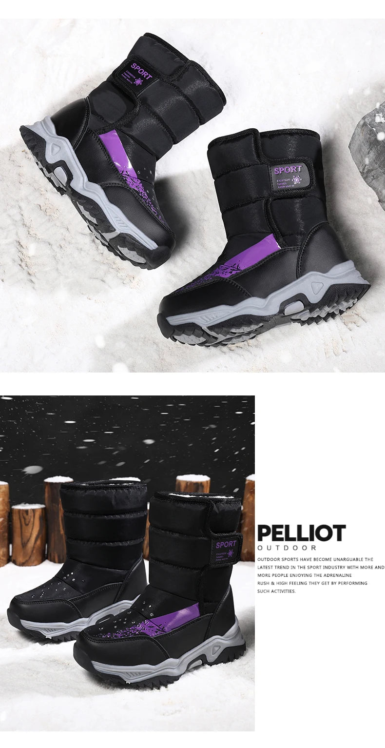 Kids Plush-Lined Winter Boots with Padded Shafts and Front Flap Closures, Pink or Purple Snow-Style Footwear for Boys and Girls
