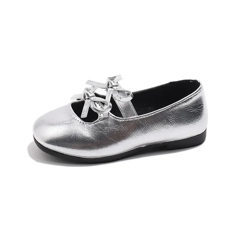 Girls Square-Toe Double-Bow Dress Flats with Cross-Strap Detail in Silver, Black or Gold for Party Outfits, Family Celebrations and Special Occasions