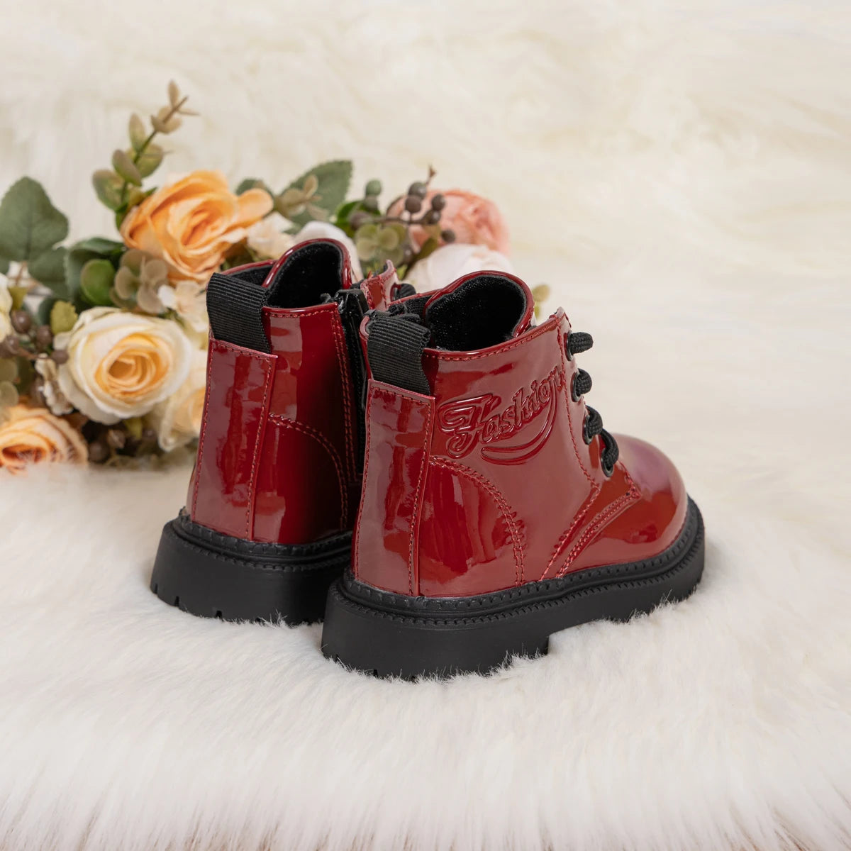 Kids PU Leather Combat Ankle Boots with Lace-Up Front, Side Zipper and Black Chunky Soles, Boys and Girls Fall Winter Shoes in Sizes 21-30