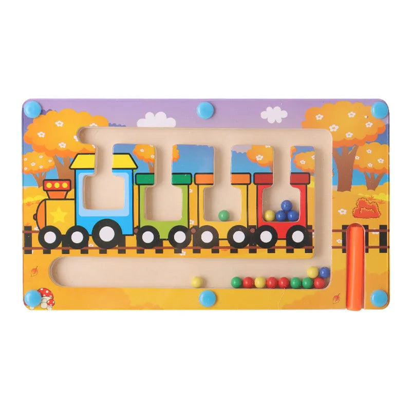 Magnetic Color Sorting Maze Board, Wooden Bead Puzzle with Tethered Wand for Montessori-Inspired Color Matching, Counting and Route Planning