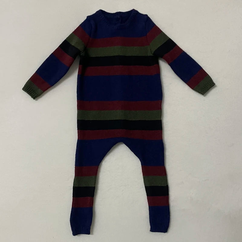 Striped Cable Knit Sibling Outfits with Dark Denim Jumper Dresses, Skirts and Pants, Coordinating Boys Girls Sweaters and Baby Romper Options