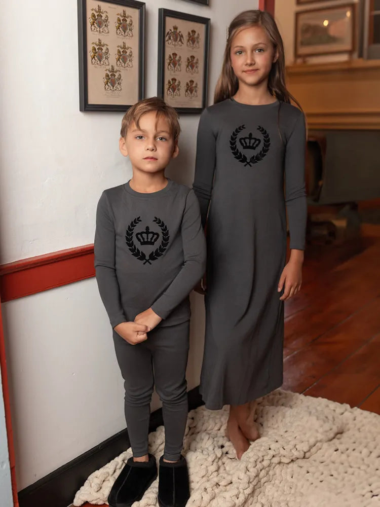 Royal Crown Kids Matching Outfits in Cotton Jersey with Velvet Crown Prints, Long-Sleeve Top and Pants or Dress Styles for Sibling Photos