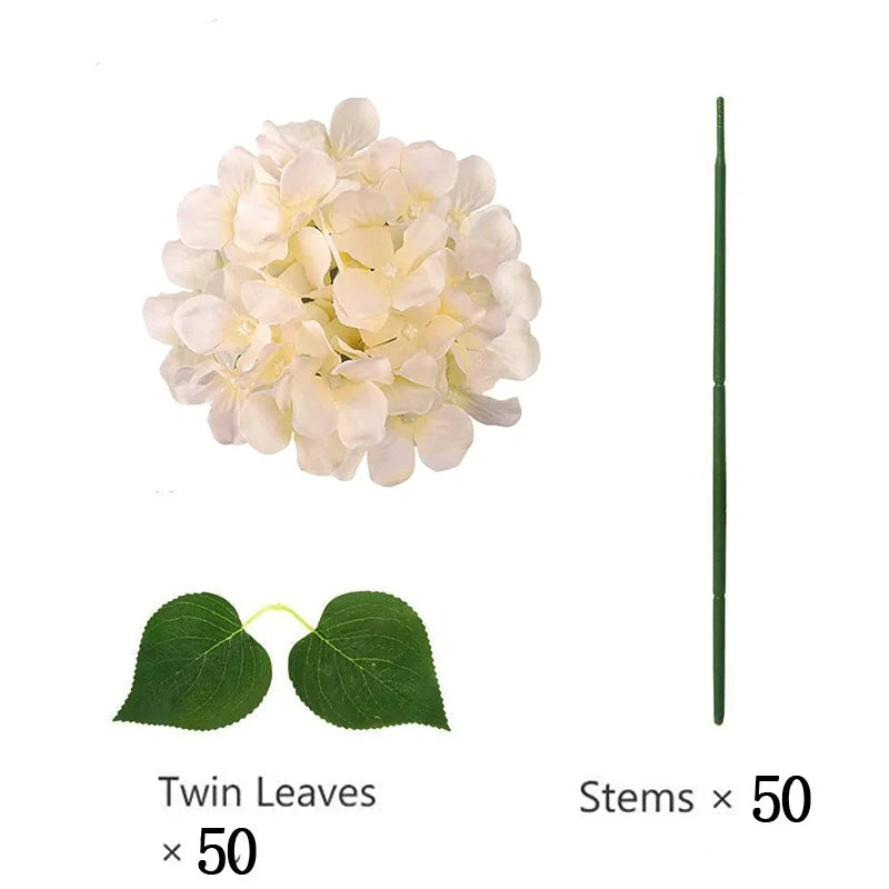 Artificial Hydrangea Flower Heads, 50-Piece Silk-Fabric Floral Set with Stem or Leaf Options for DIY Wedding Centerpieces, Baby Showers and Home Decor