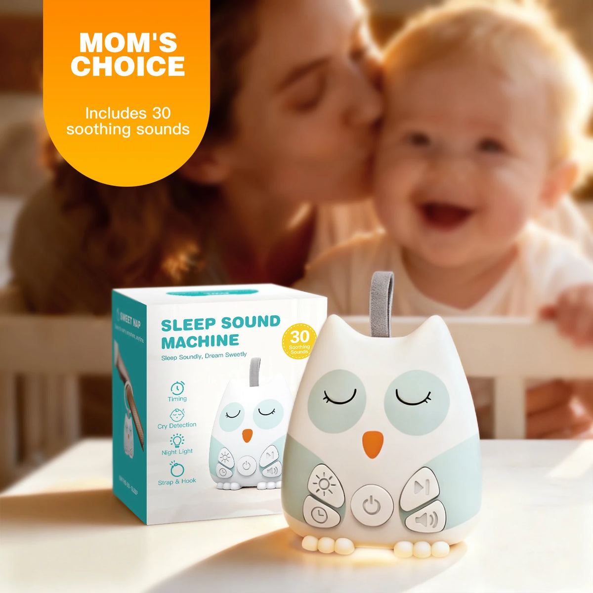 Owl Baby Sound Machine with Cry Sensor, 30 Soothing Sounds, Breathing Night Light and 30/60/90-Minute Timer, USB-C Rechargeable for Nursery & Travel