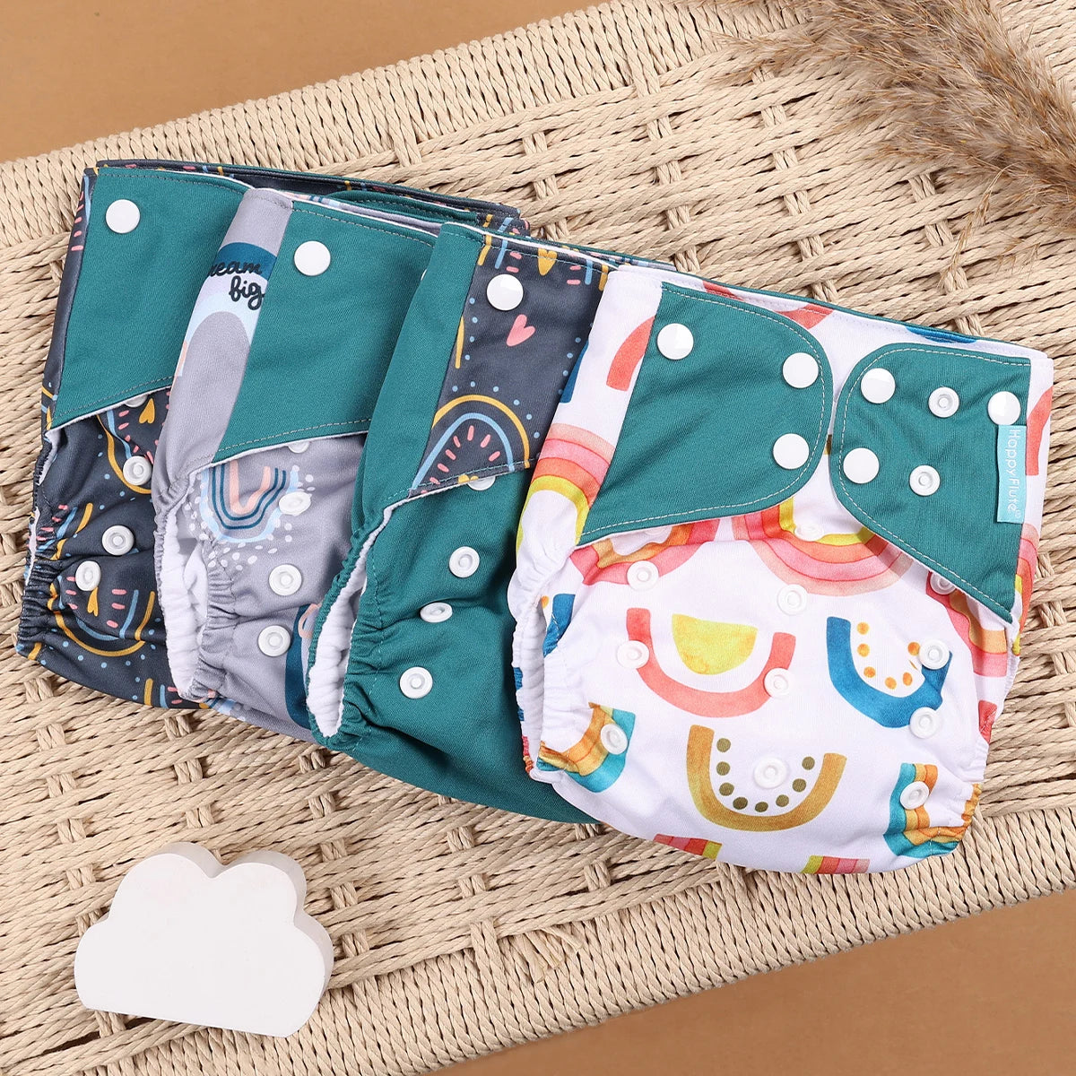 Pocket Cloth Diapers 4-Pack by Happyflute, Reusable Baby Nappies with Printed PUL Outer, Suede Cloth Lining and Snap Closures for 3–15 kg